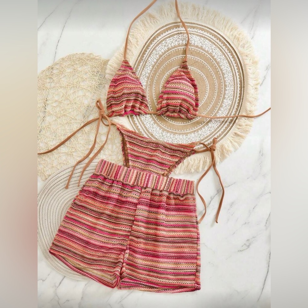 Woman’s 3-piece Bikini & Coverup Set Crocheted Brown Striped Bikini Set L or M